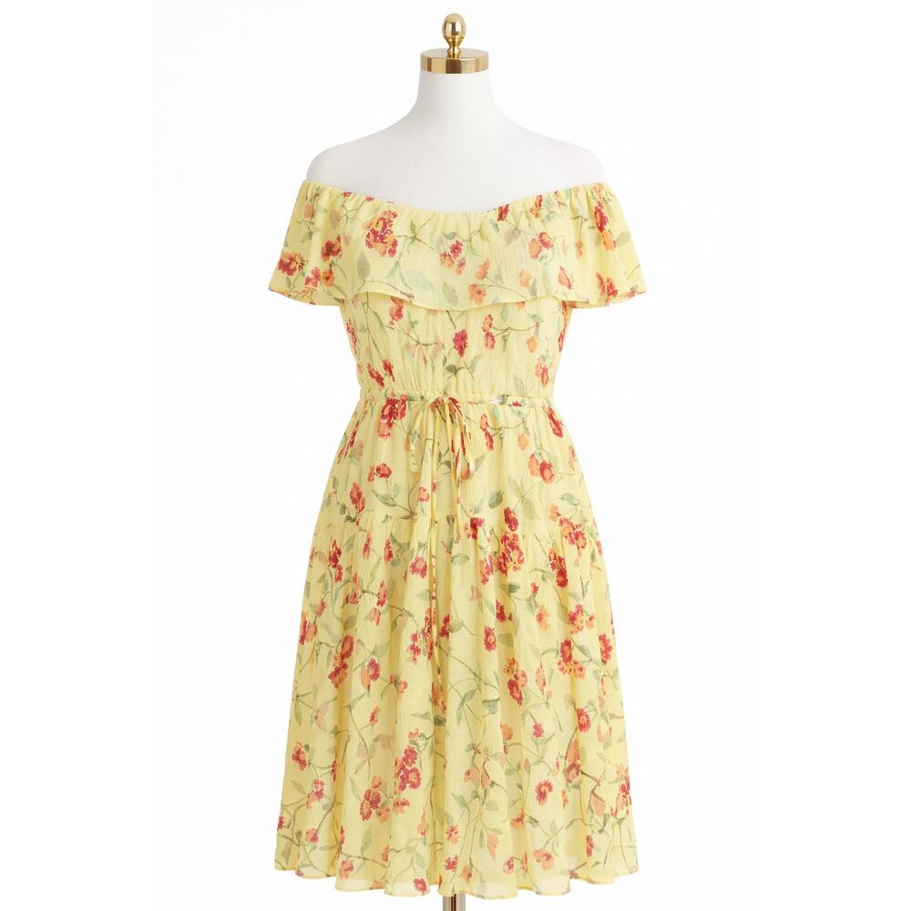 Ralph Lauren Butter Yellow Floral Dress Size 12 Off Shoulder Boho Ruffle Summer